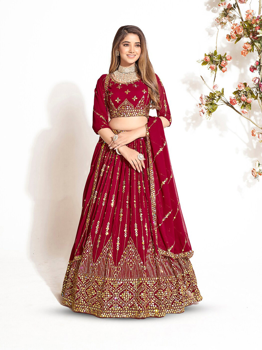 

SHOPGARB Embroidered Sequinned Semi-Stitched Lehenga & Unstitched Blouse With Dupatta, Maroon