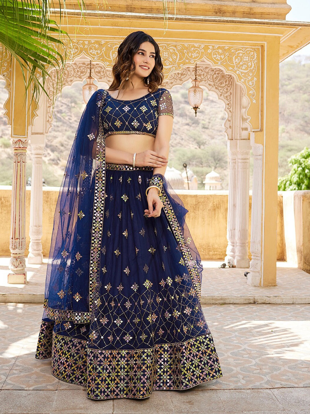 

SHOPGARB Embroidered Sequinned Semi-Stitched Lehenga & Unstitched Blouse With Dupatta, Navy blue