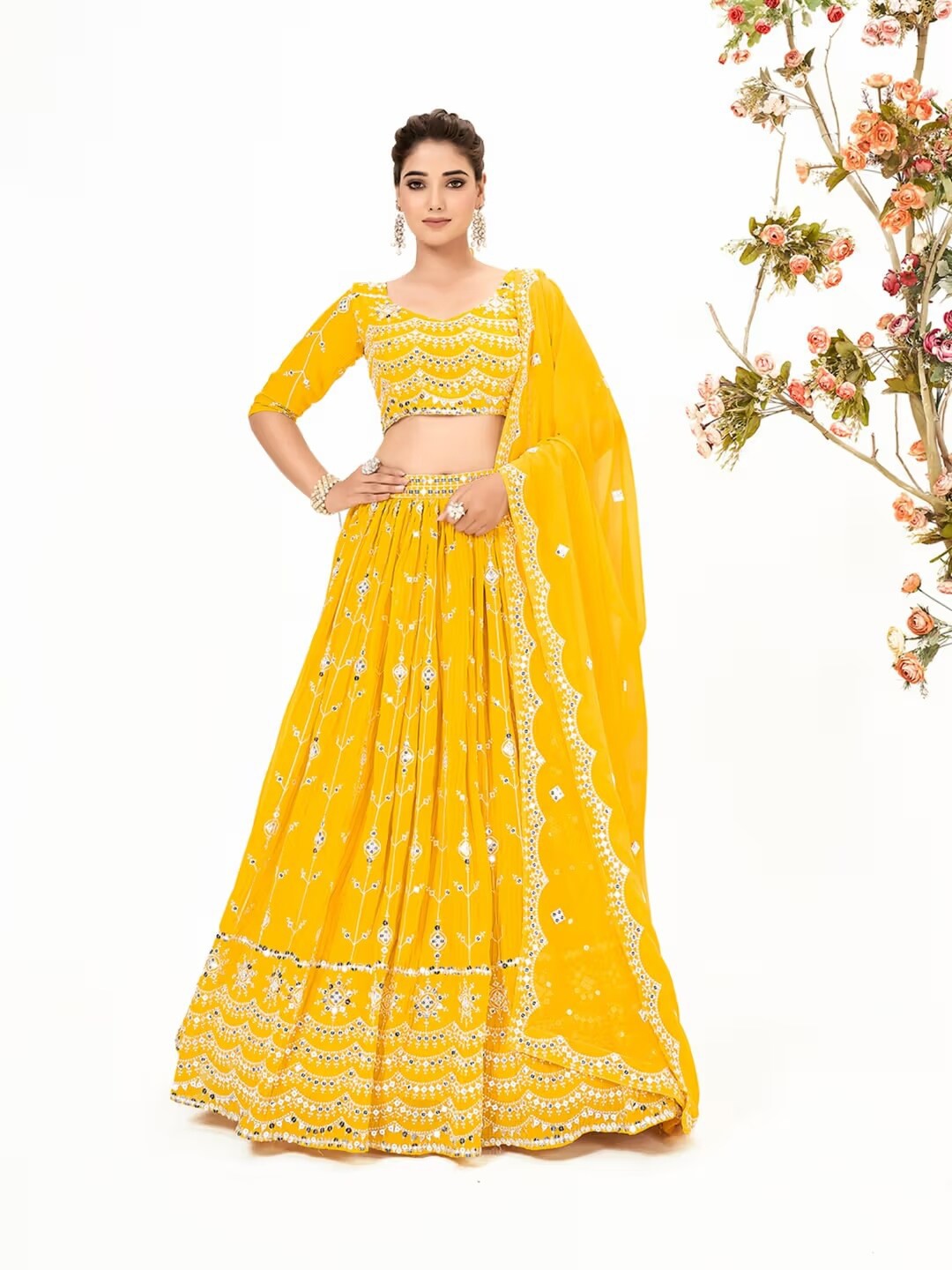 

SHOPGARB Embroidered Sequinned Semi-Stitched Lehenga & Unstitched Blouse With Dupatta, Yellow