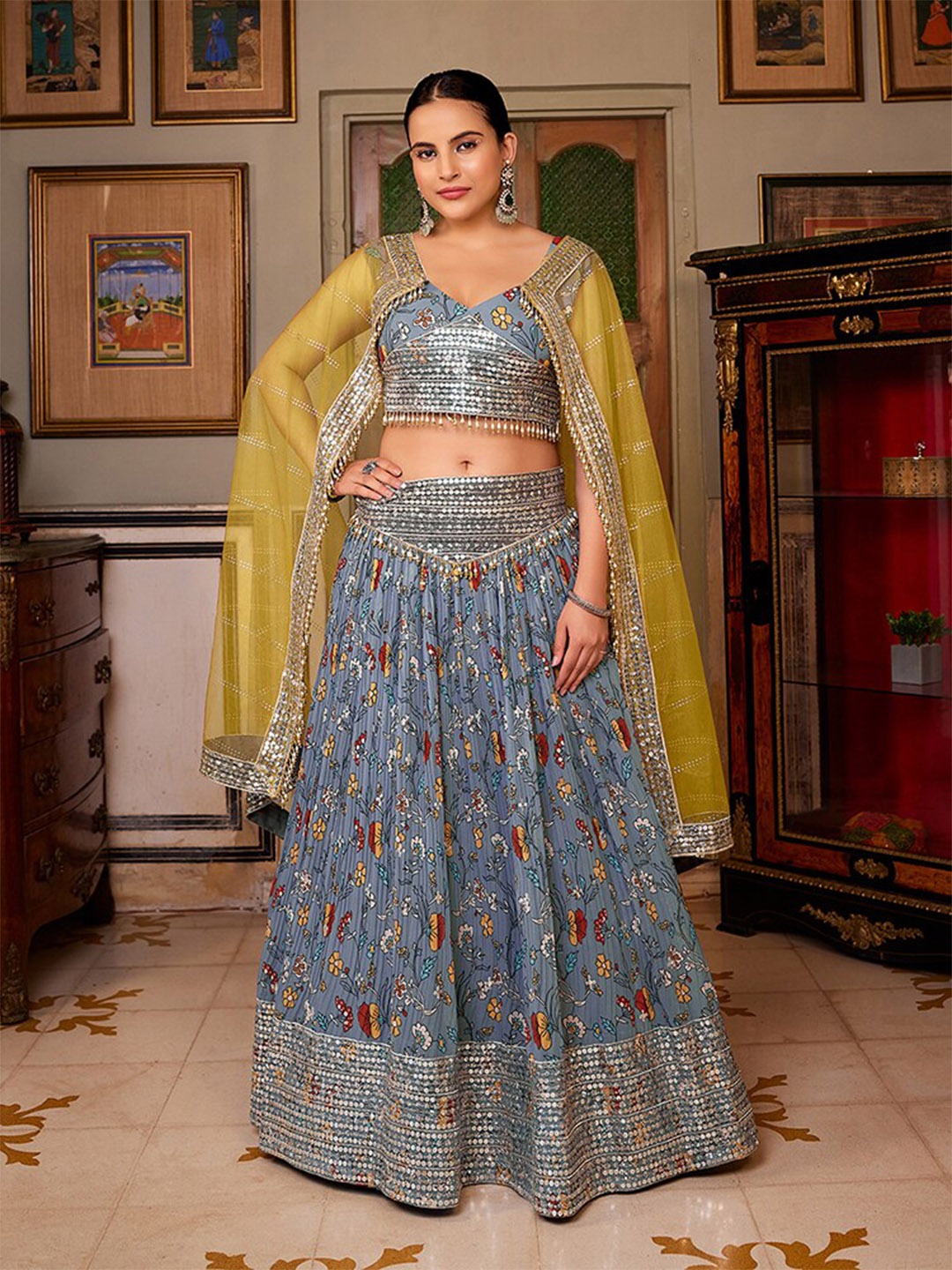 SHOPGARB Embroidered Sequinned Semi-Stitched Lehenga & Unstitched Blouse With Dupatta, Grey