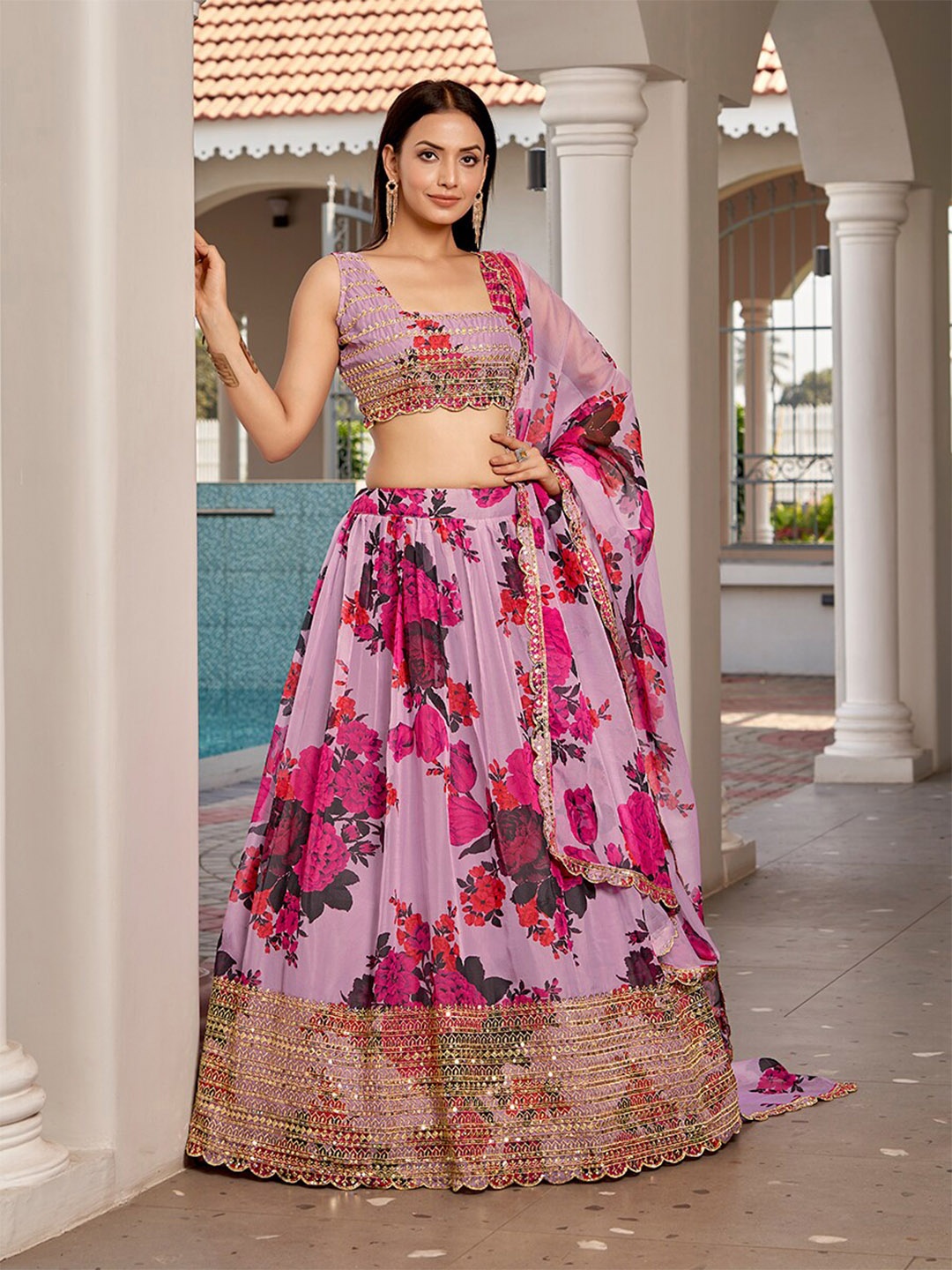 

SHOPGARB Embroidered Sequinned Semi-Stitched Lehenga & Unstitched Blouse With Dupatta, Purple