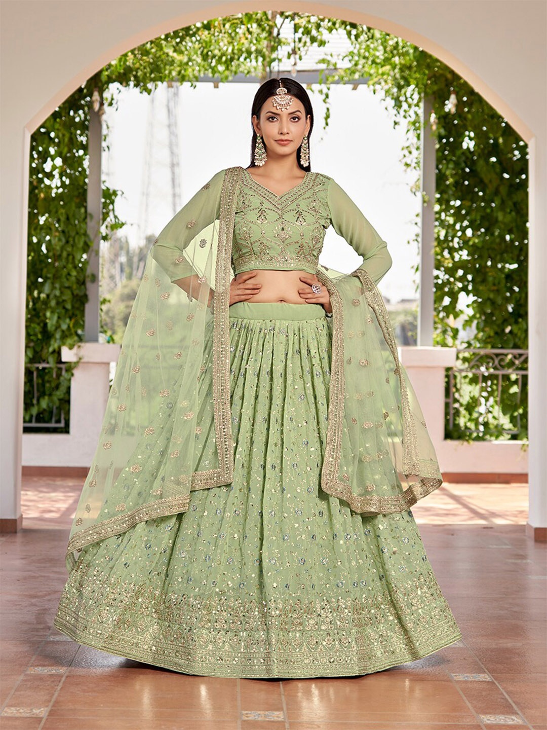 

SHOPGARB Embroidered Sequinned Semi-Stitched Lehenga & Unstitched Blouse With Dupatta, Green