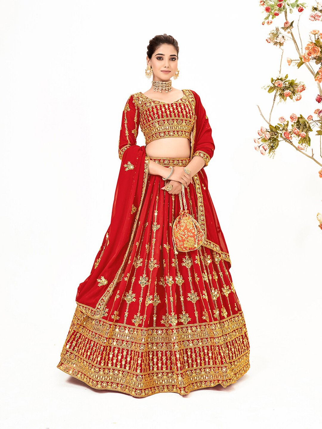 

SHOPGARB Embroidered Sequinned Semi-Stitched Lehenga & Unstitched Blouse With Dupatta, Red