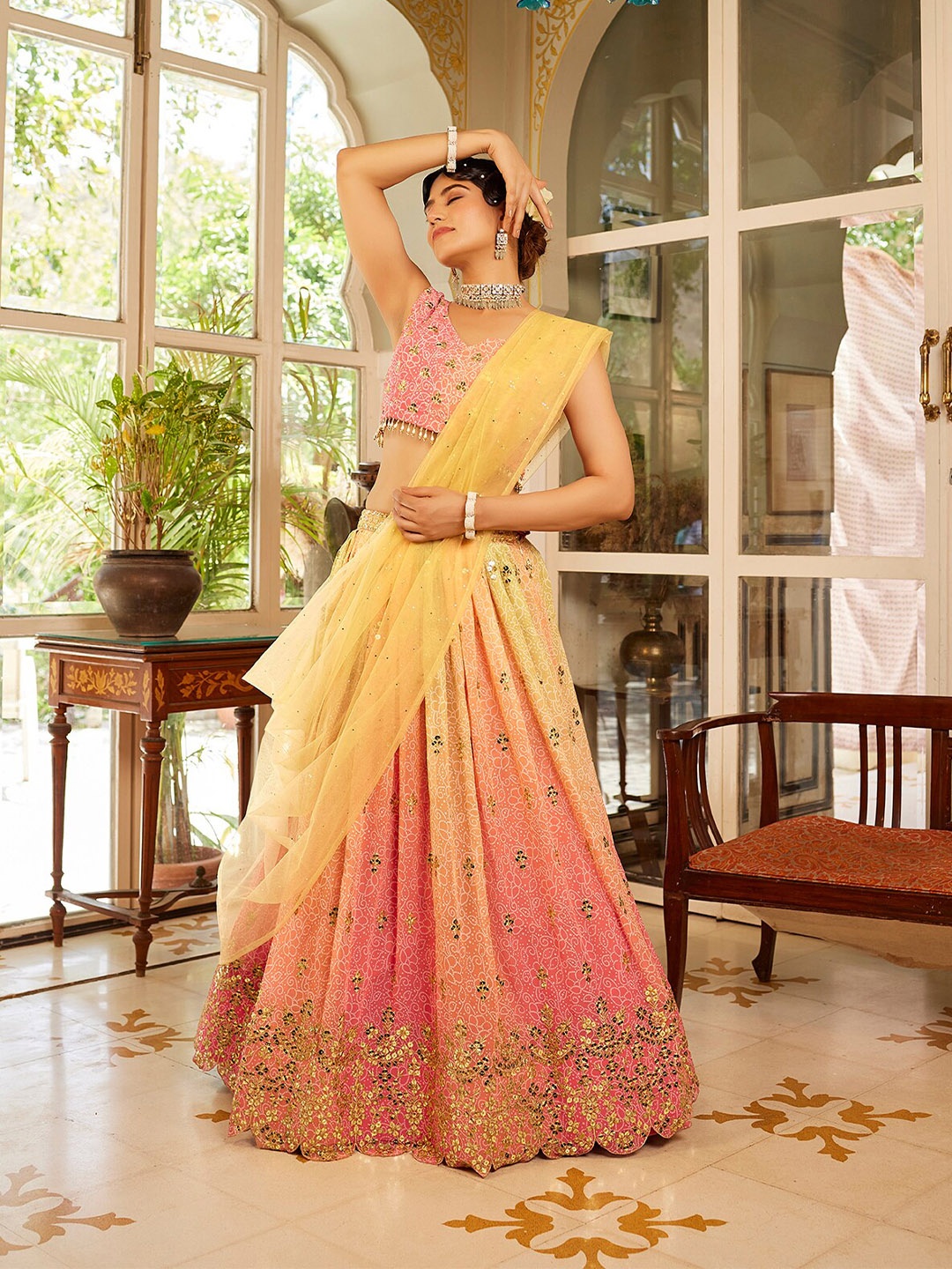 

SHOPGARB Embroidered Sequinned Semi-Stitched Lehenga & Unstitched Blouse With Dupatta, Pink