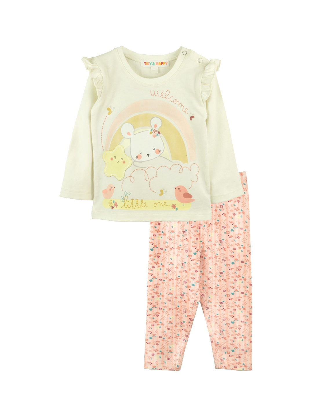 

TIDY SLEEP Infant Girls Printed Pure Cotton T-Shirt With Trousers, White