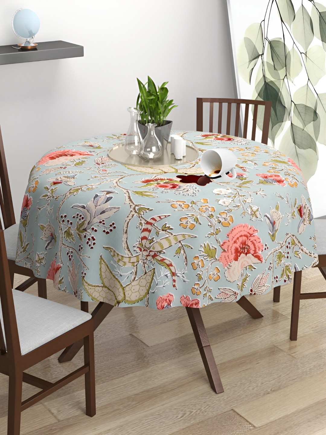 

Trance Home Linen Green Floral Waterproof Cotton Round 4-Seater Table Cover