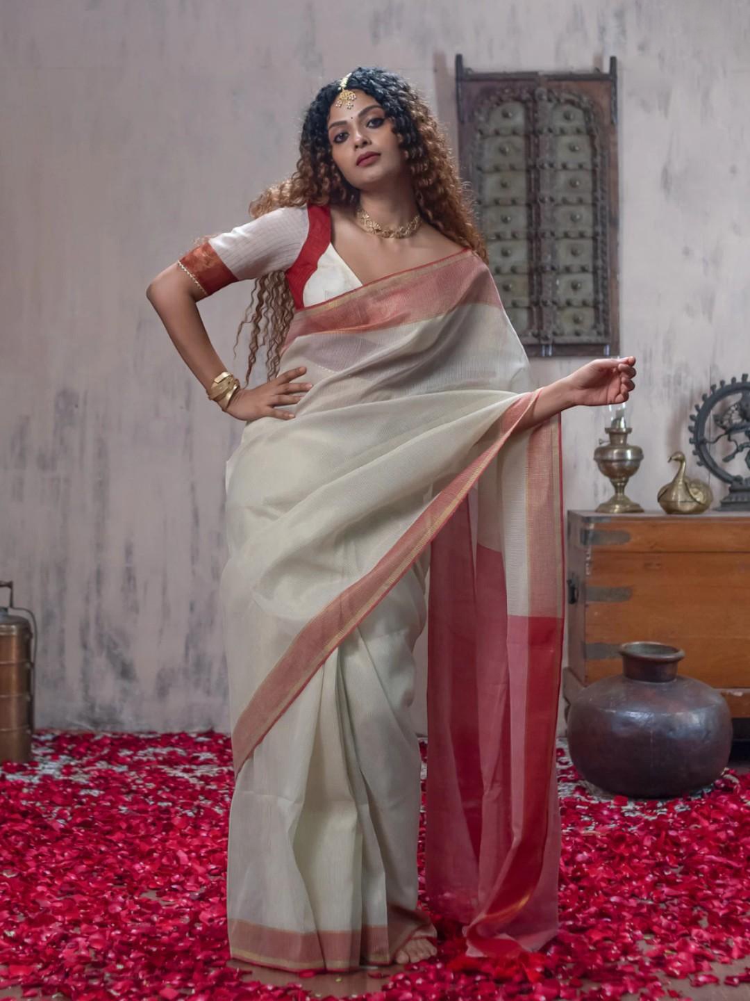 

Suta Colourblocked Cotton Zari Saree, White