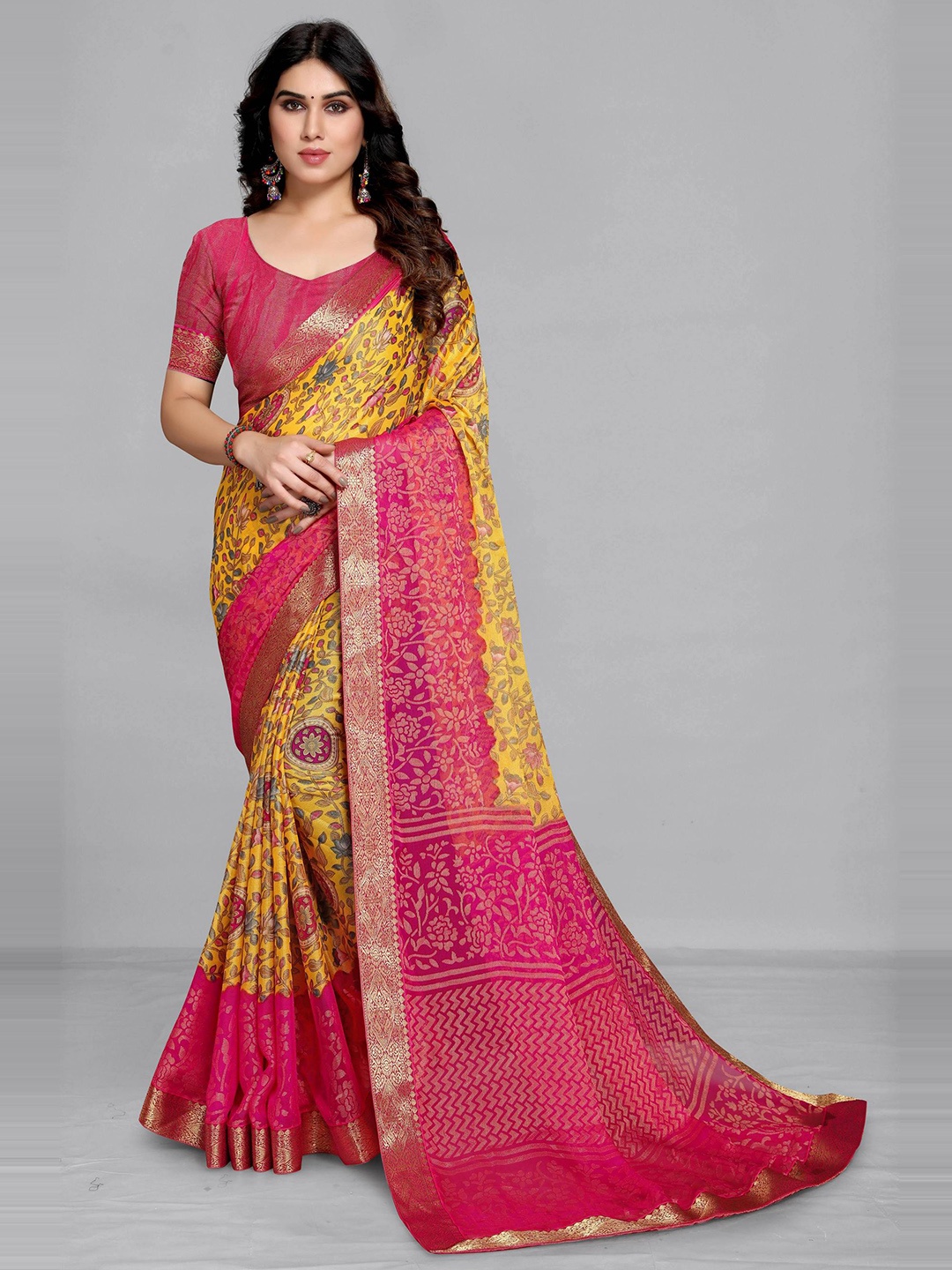 EMV Floral Printed Chiffon Zari Saree, Yellow
