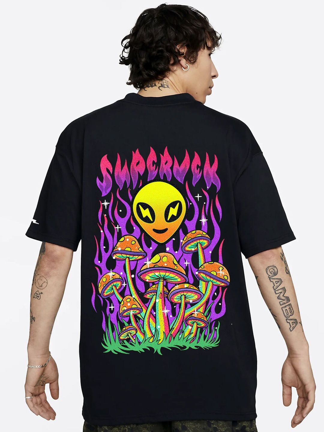 

SUPERVEK Graphic Printed Drop-Shoulder Sleeves Cotton T-shirt, Black