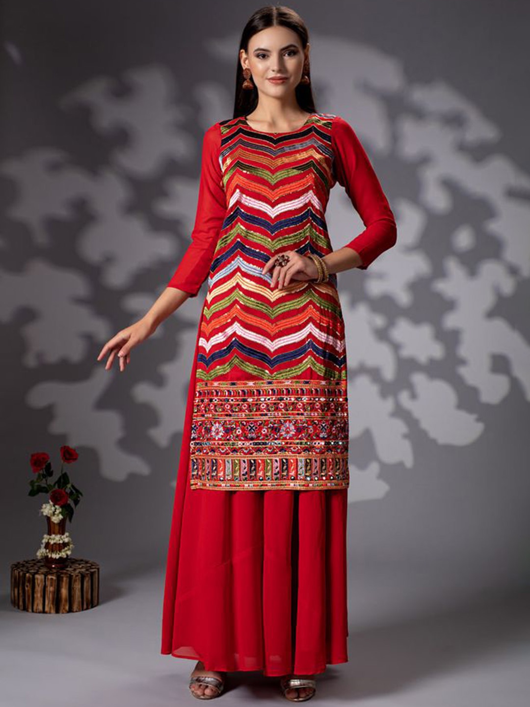 

Rujave Ethnic Motifs Embroidered Kurta with Palazzos & With Dupatta, Red