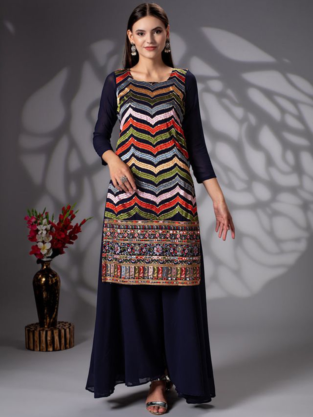 

Rujave Ethnic Motifs Embroidered Brocade Kurta with Sharara & With Dupatta, Navy blue