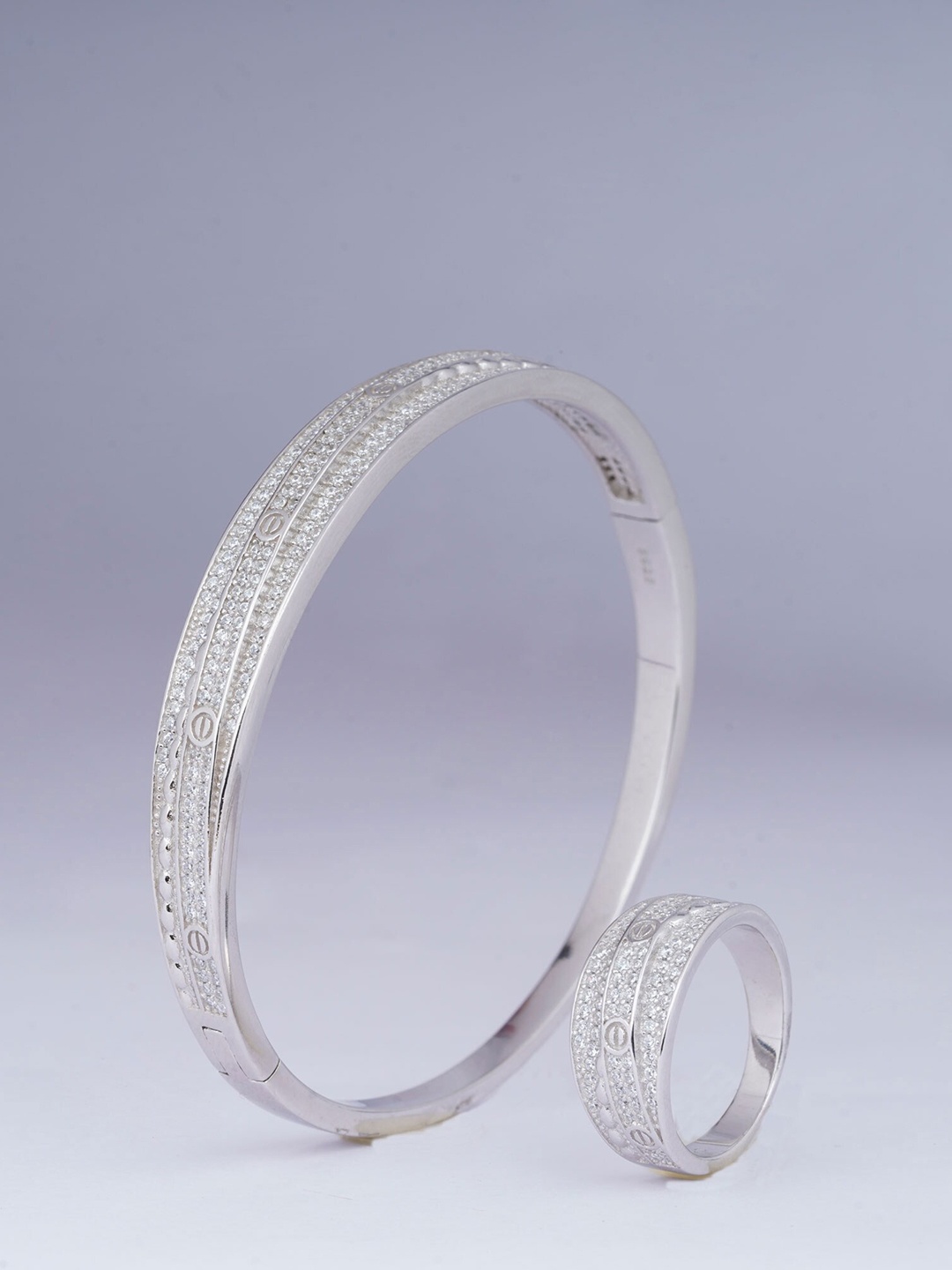 

925 SILLER Rhodium-Plated Cubic Zirconia Studded Bangle-Style Bracelet, Silver