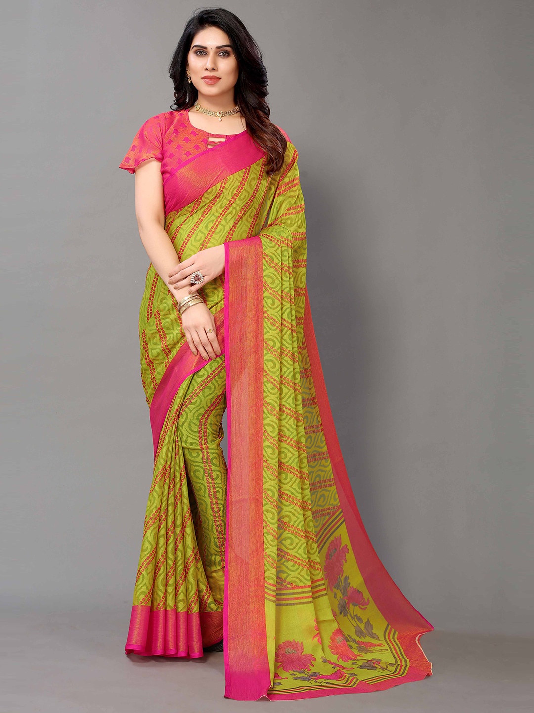 

HALFSAREE STUDIO Floral Zari Printed Saree, Olive