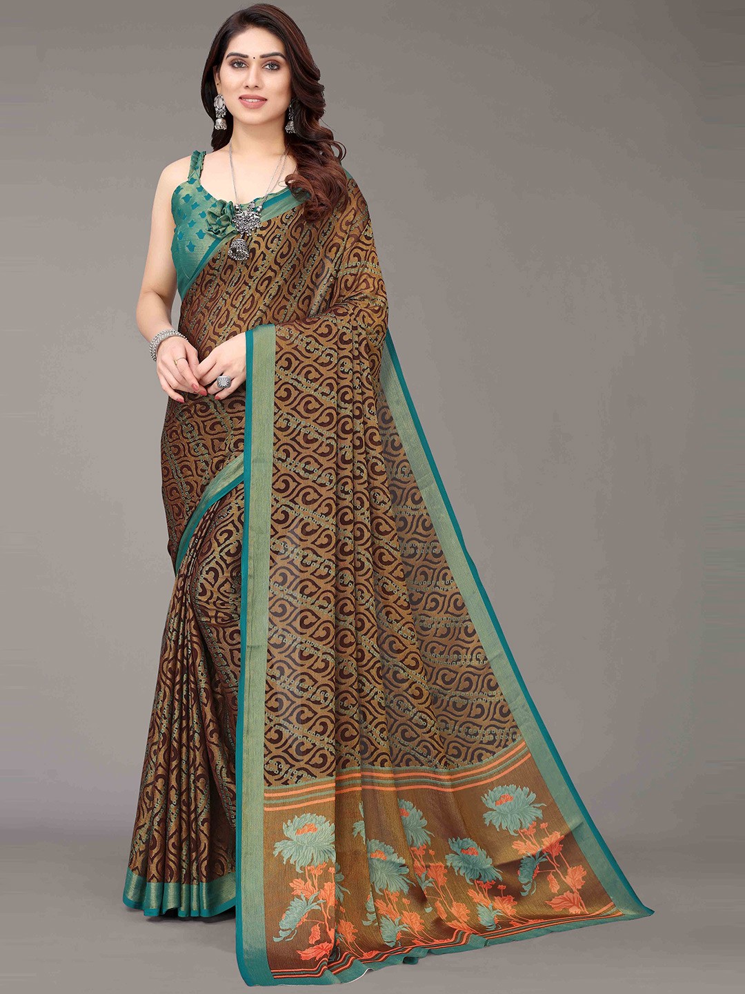 

HALFSAREE STUDIO Floral Printed Zari Saree, Brown
