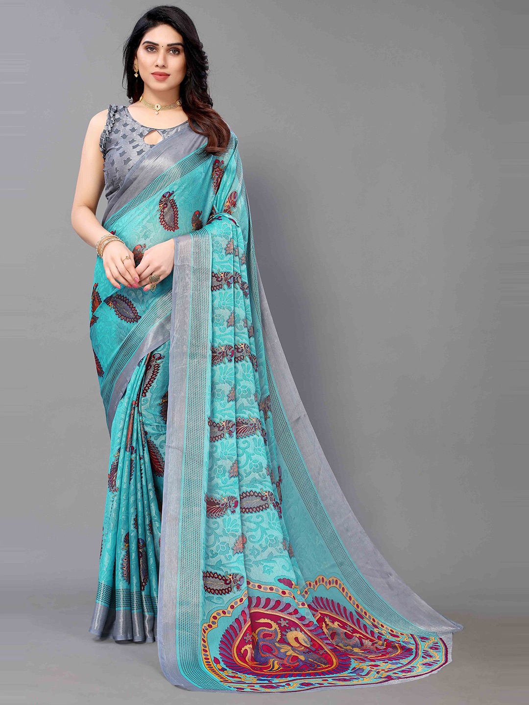 

HALFSAREE STUDIO Floral Printed Zari Saree, Blue