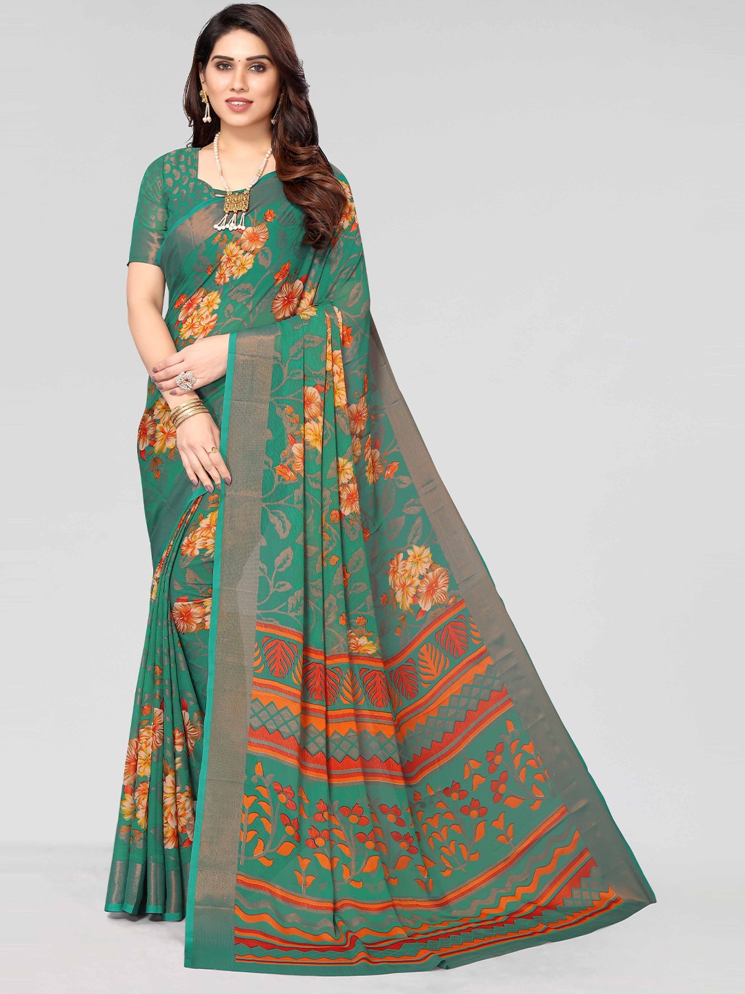 

HALFSAREE STUDIO Floral Zari Printed Saree, Blue