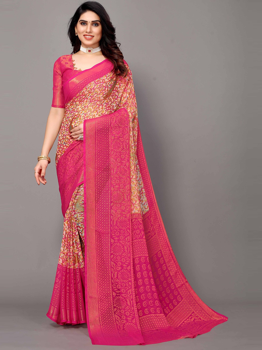 

HALFSAREE STUDIO Floral Zari Printed Saree, Pink