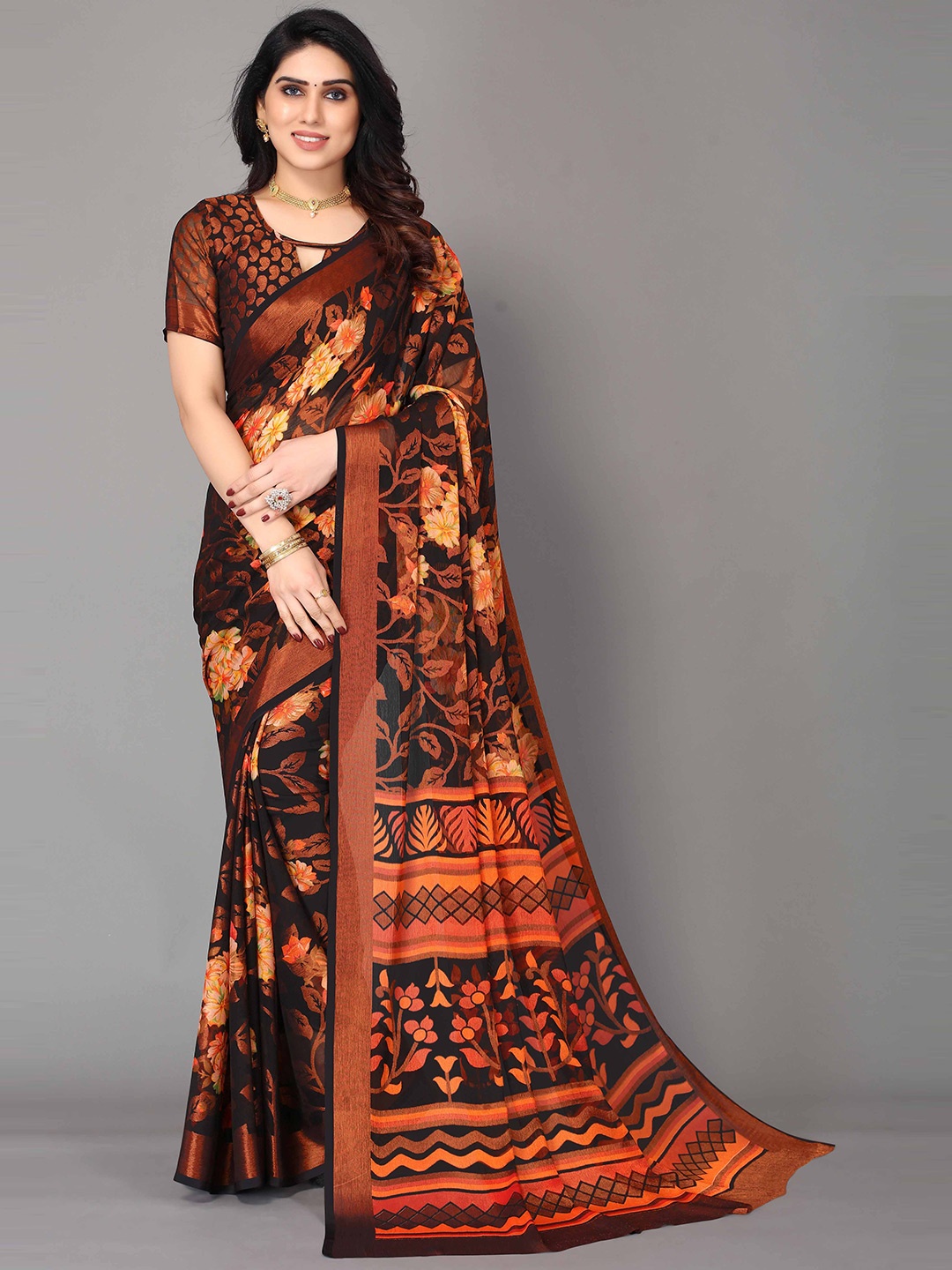 

HALFSAREE STUDIO Floral Printed Zari Saree, Blue