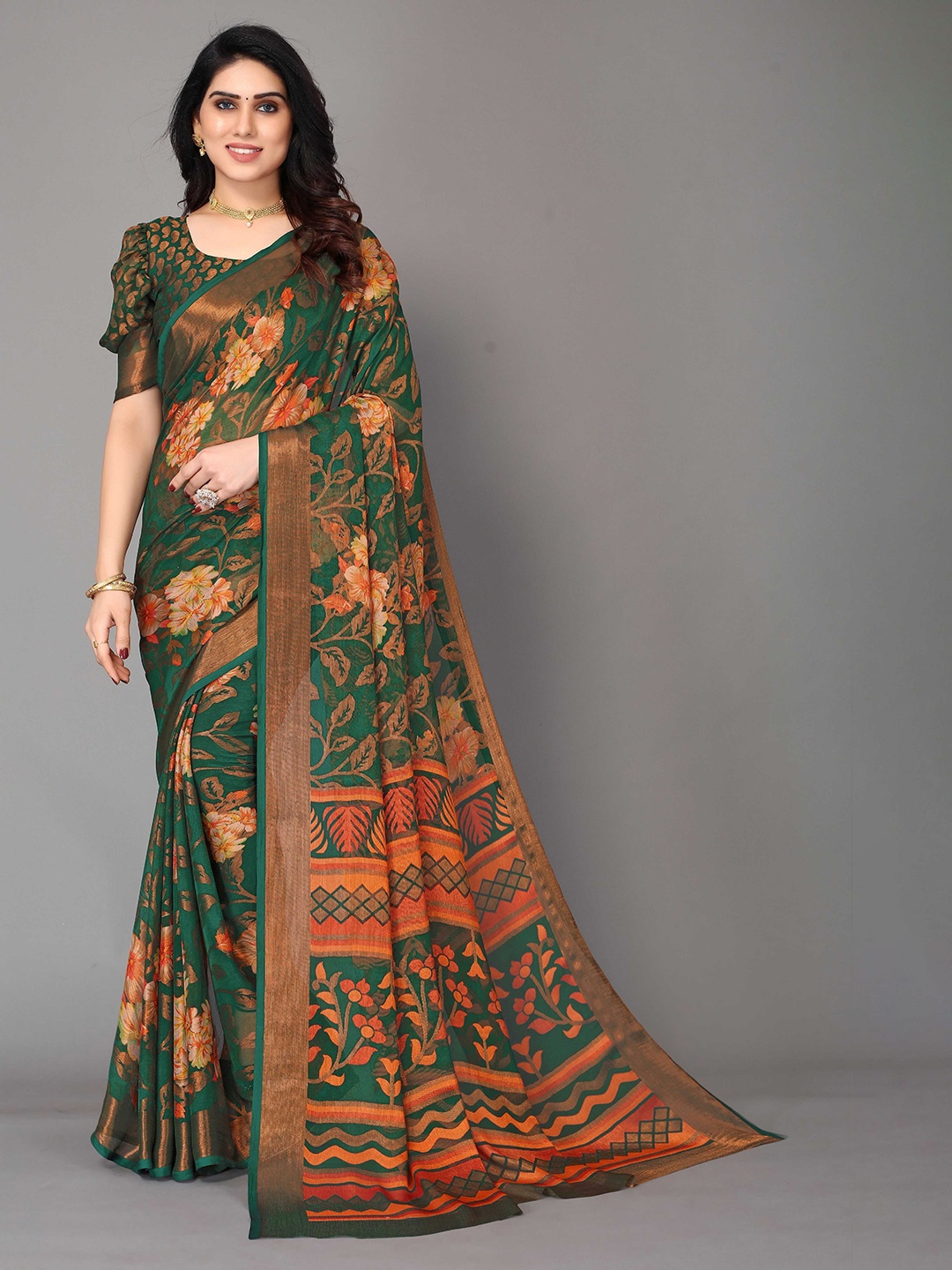 

HALFSAREE STUDIO Floral Zari Printed Saree, Green