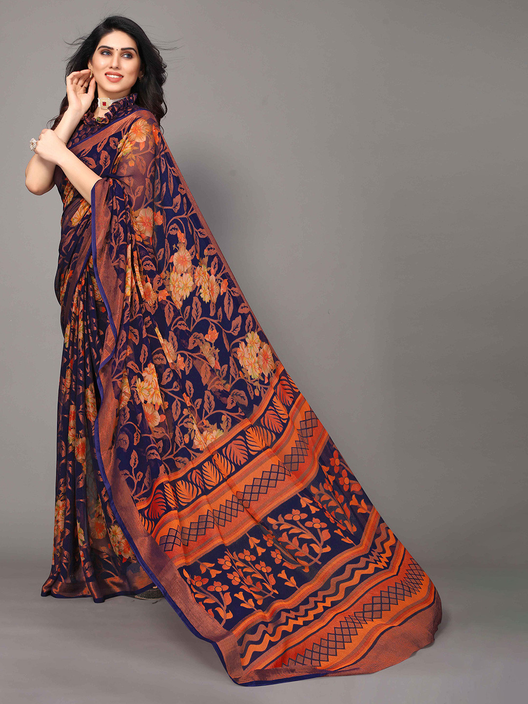 

HALFSAREE STUDIO Floral Printed Zari Saree, Navy blue