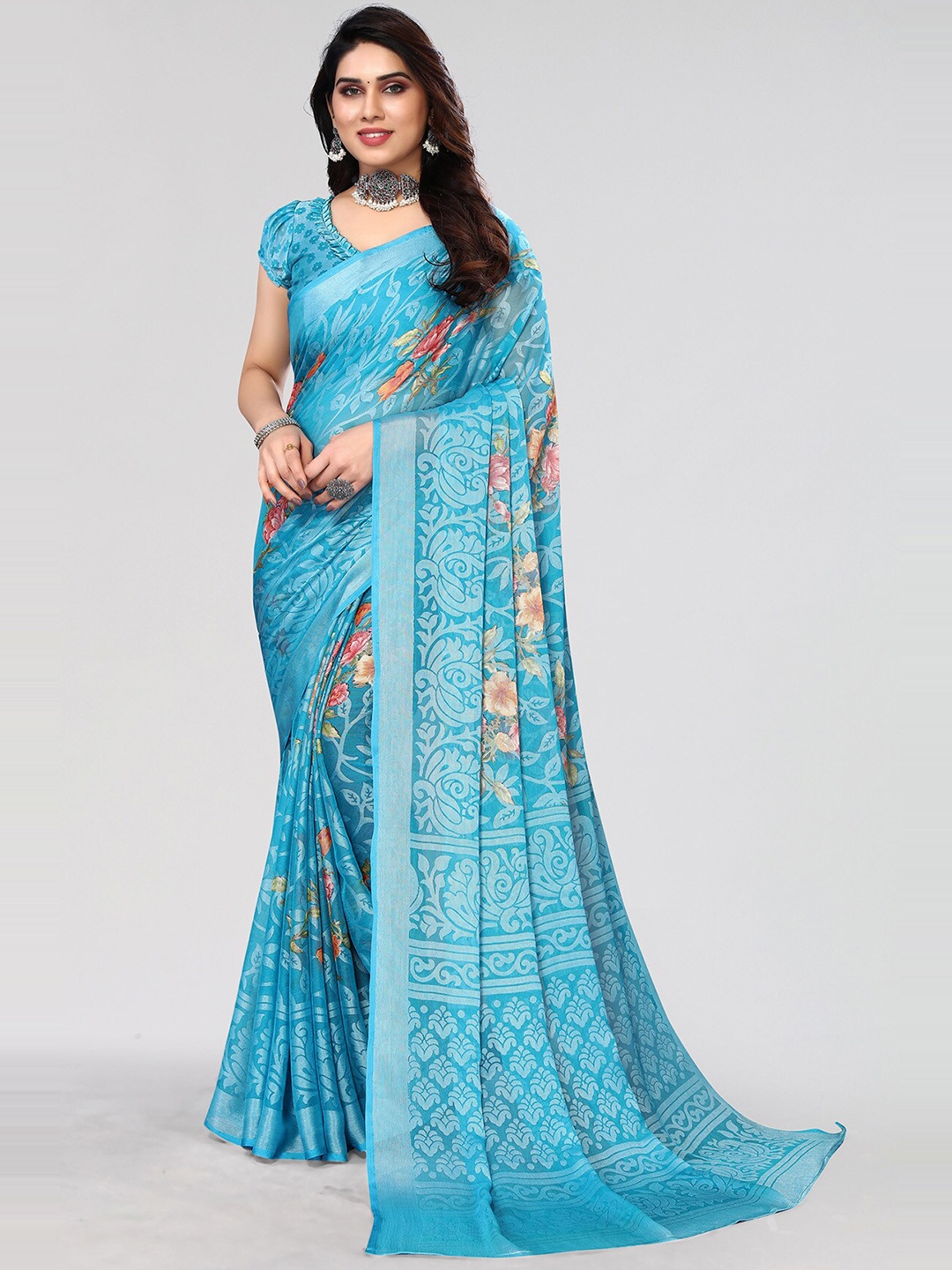 

HALFSAREE STUDIO Floral Printed Zari Saree, Blue