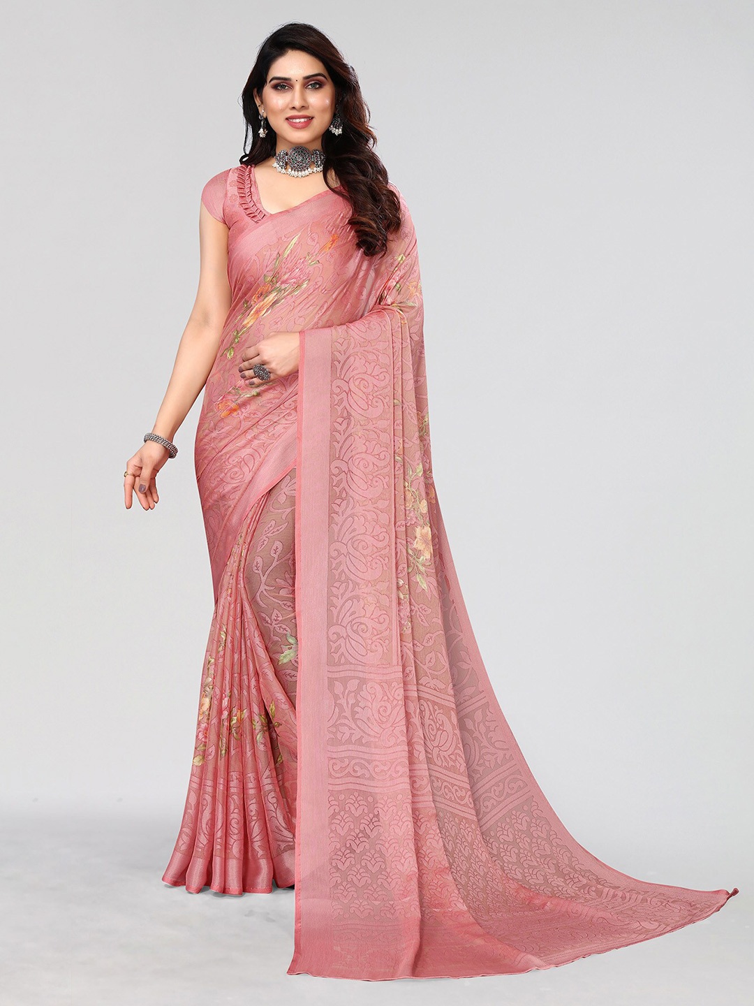 

HALFSAREE STUDIO Floral Printed Zari Saree, Peach