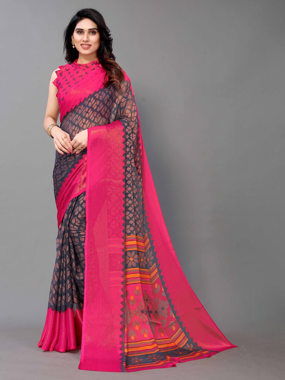 

HALFSAREE STUDIO Floral Zari Printed Saree, Grey