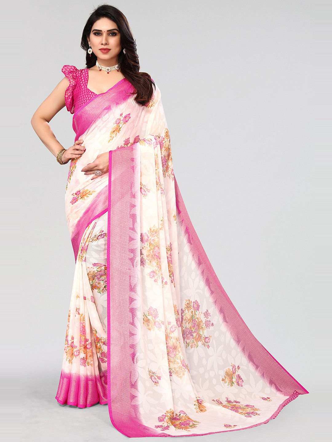 

HALFSAREE STUDIO Floral Zari Printed Saree, White