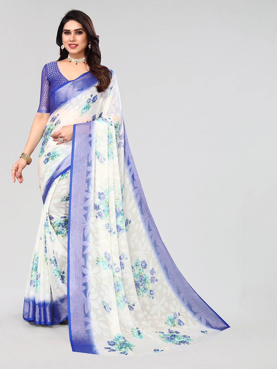 

HALFSAREE STUDIO Floral Printed Zari Saree, Blue