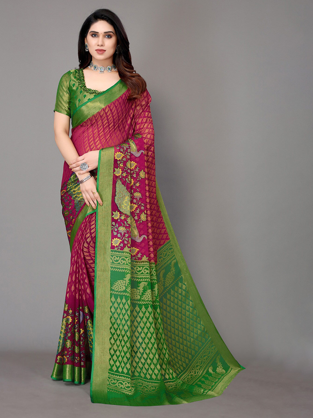 

HALFSAREE STUDIO Floral Printed Zari Saree, Magenta