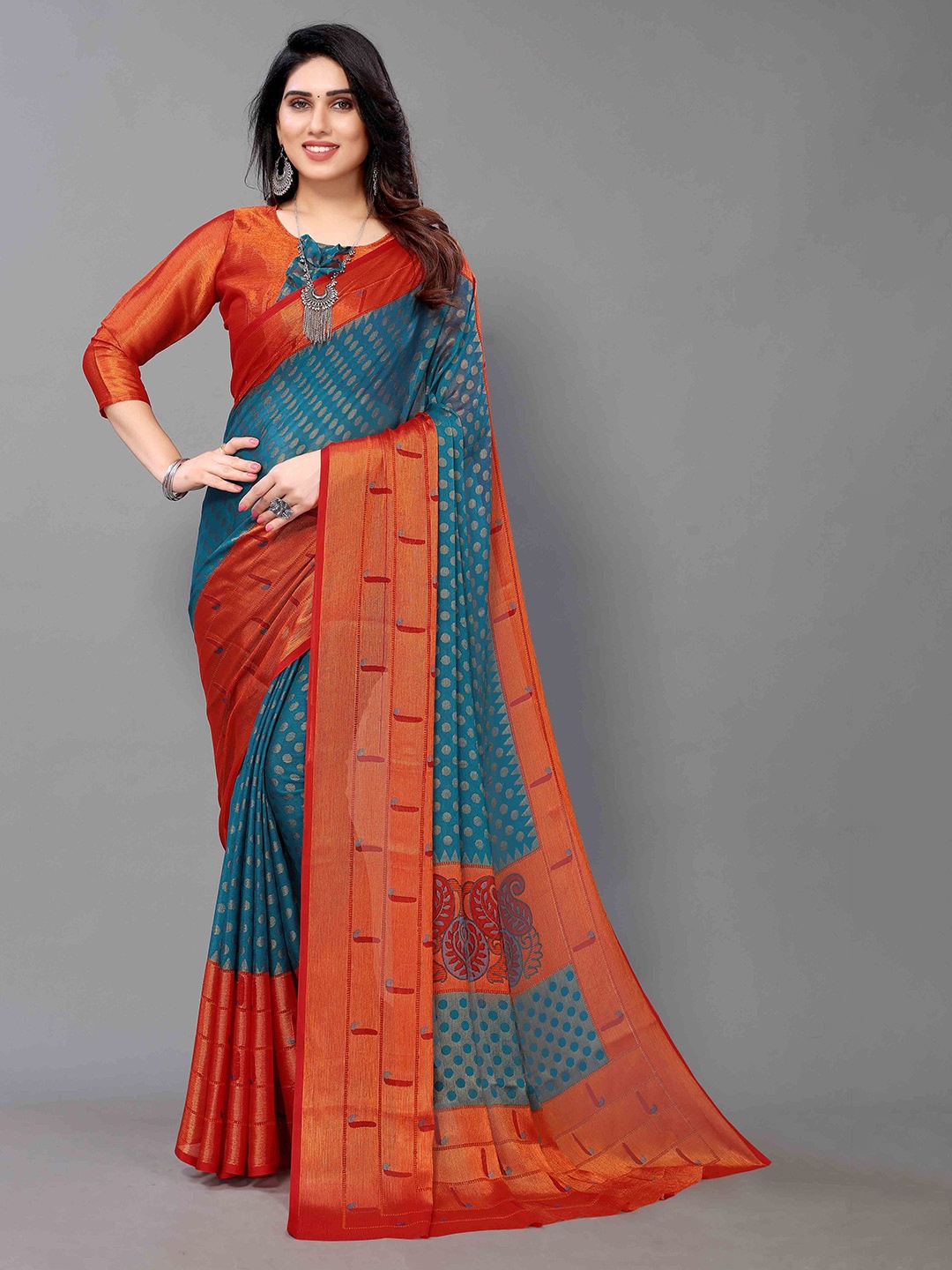 

HALFSAREE STUDIO Floral Zari Printed Saree, Green