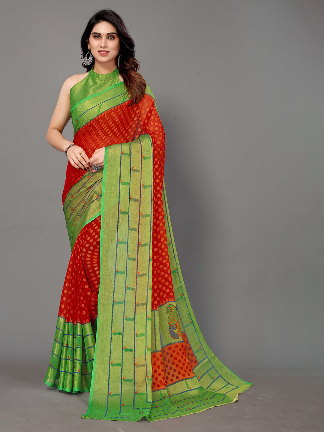 

HALFSAREE STUDIO Polka Dot Zari Printed Saree, Red