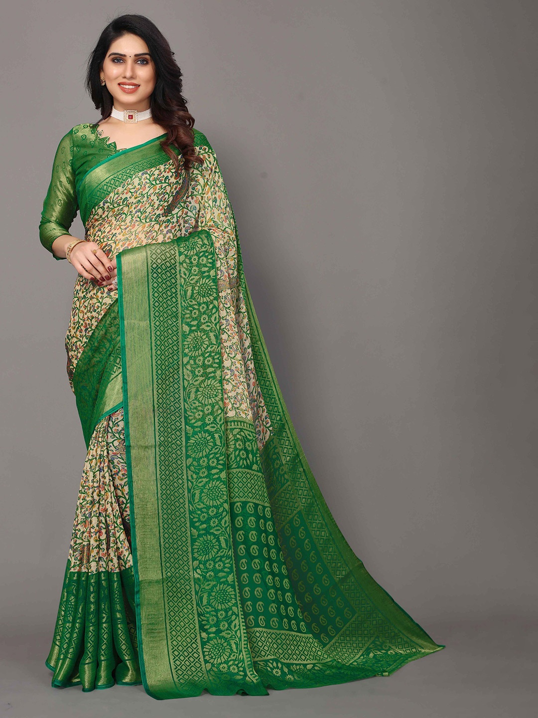 

HALFSAREE STUDIO Floral Printed Zari Saree, Green