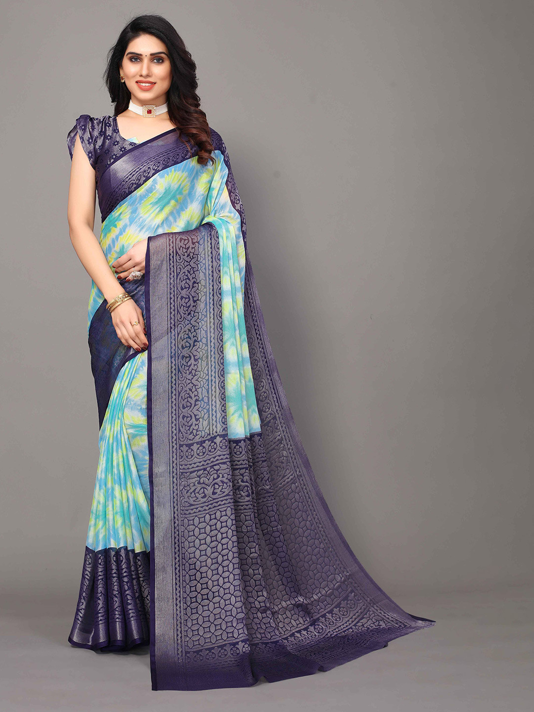 

HALFSAREE STUDIO Floral Zari Printed Saree, Navy blue