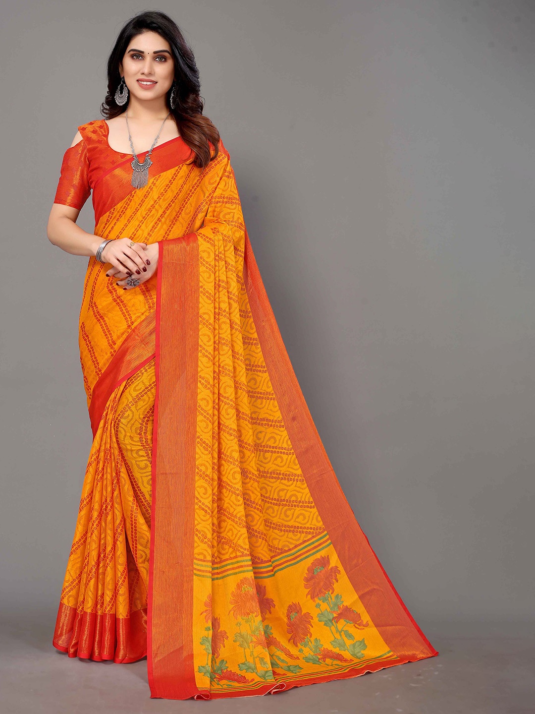 

HALFSAREE STUDIO Floral Printed Zari Saree, Mustard