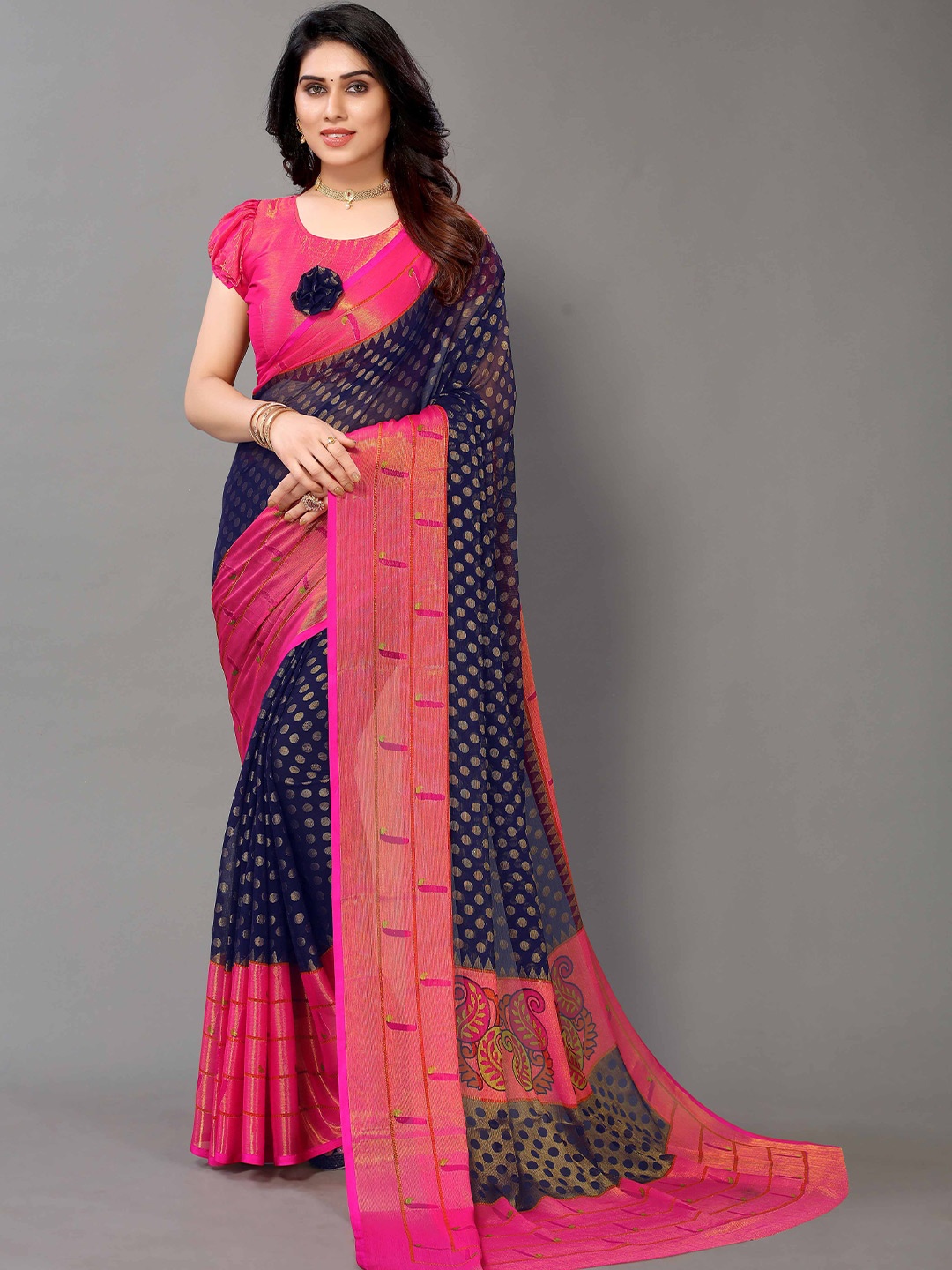 

HALFSAREE STUDIO Floral Zari Printed Saree, Navy blue