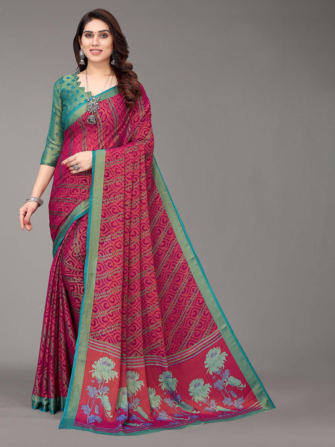 

HALFSAREE STUDIO Floral Printed Zari Saree, Magenta