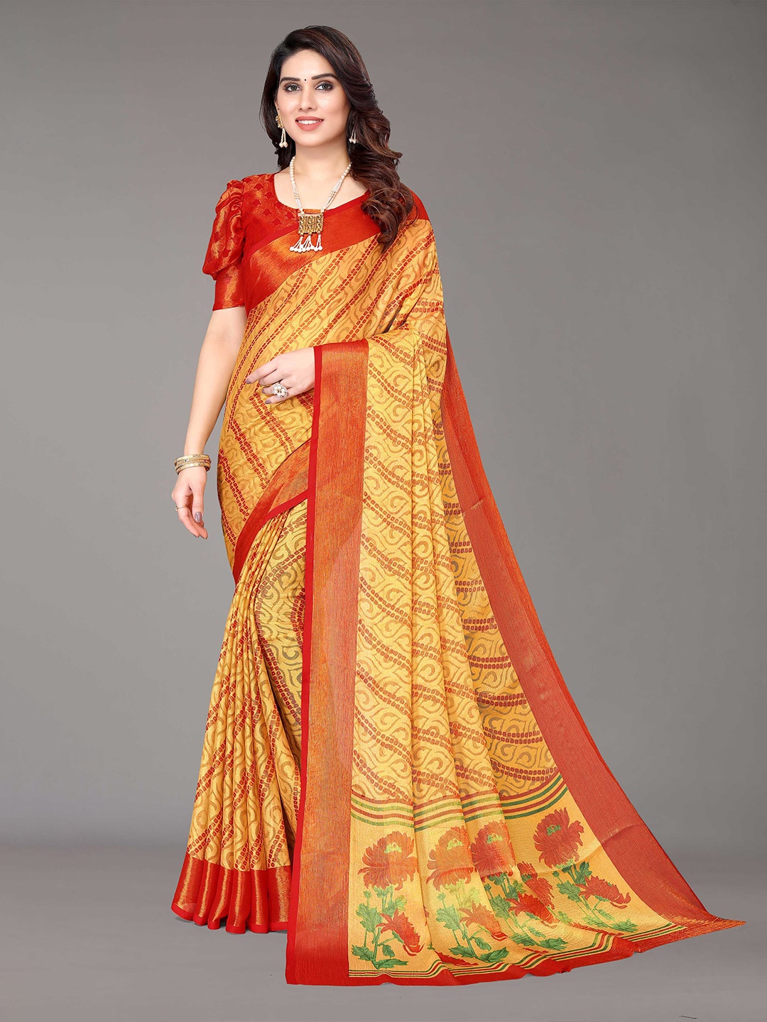 

HALFSAREE STUDIO Floral Printed Zari Saree, Beige