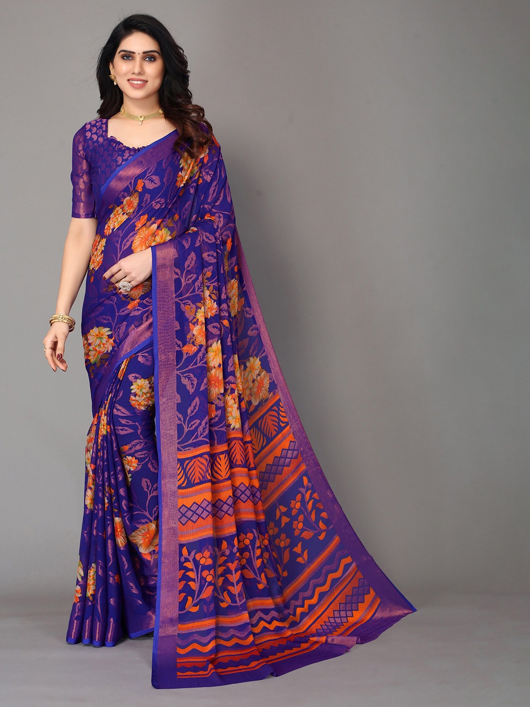 

HALFSAREE STUDIO Floral Printed Zari Saree, Blue