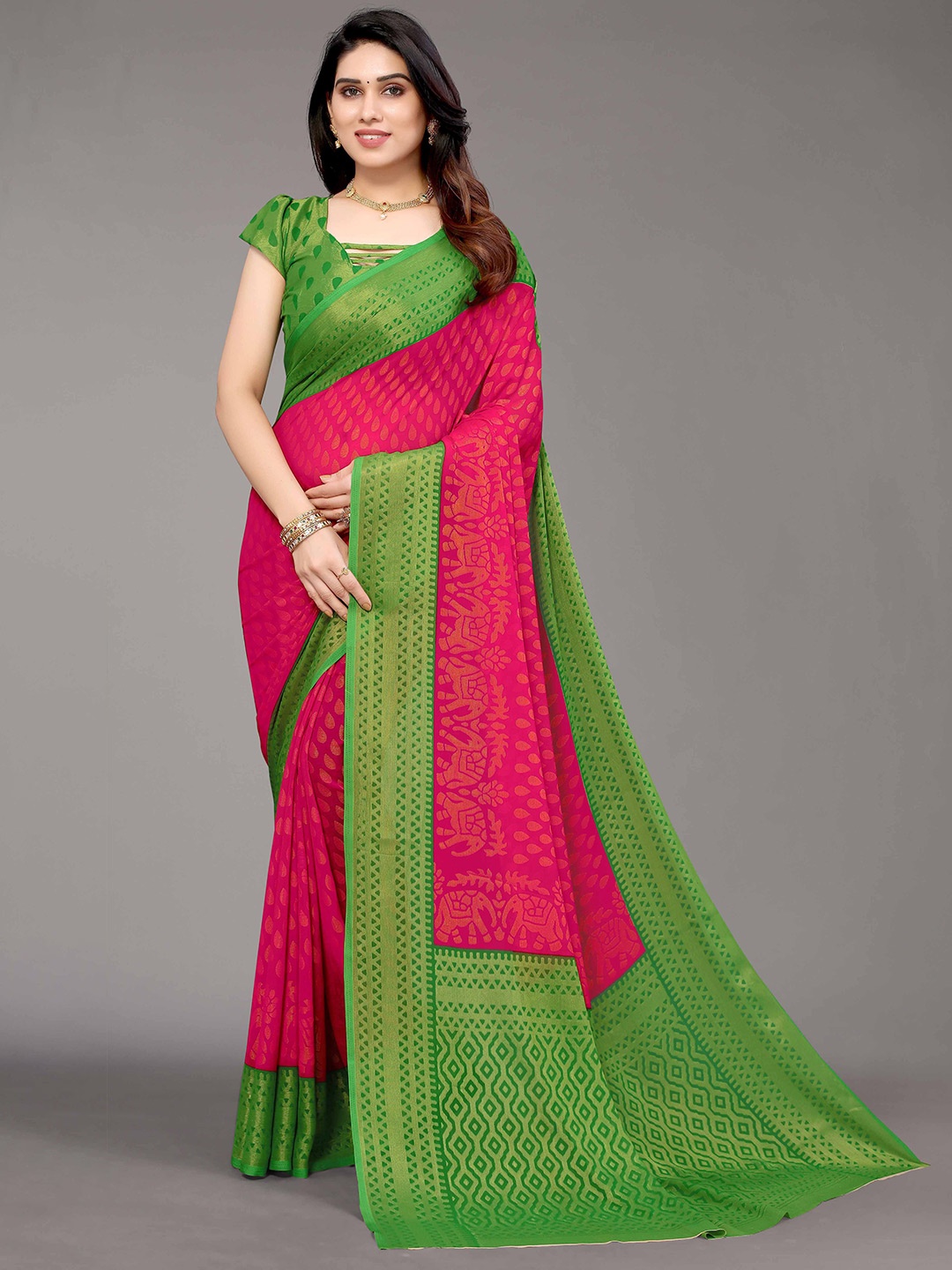 

HALFSAREE STUDIO Floral Zari Printed Saree, Pink