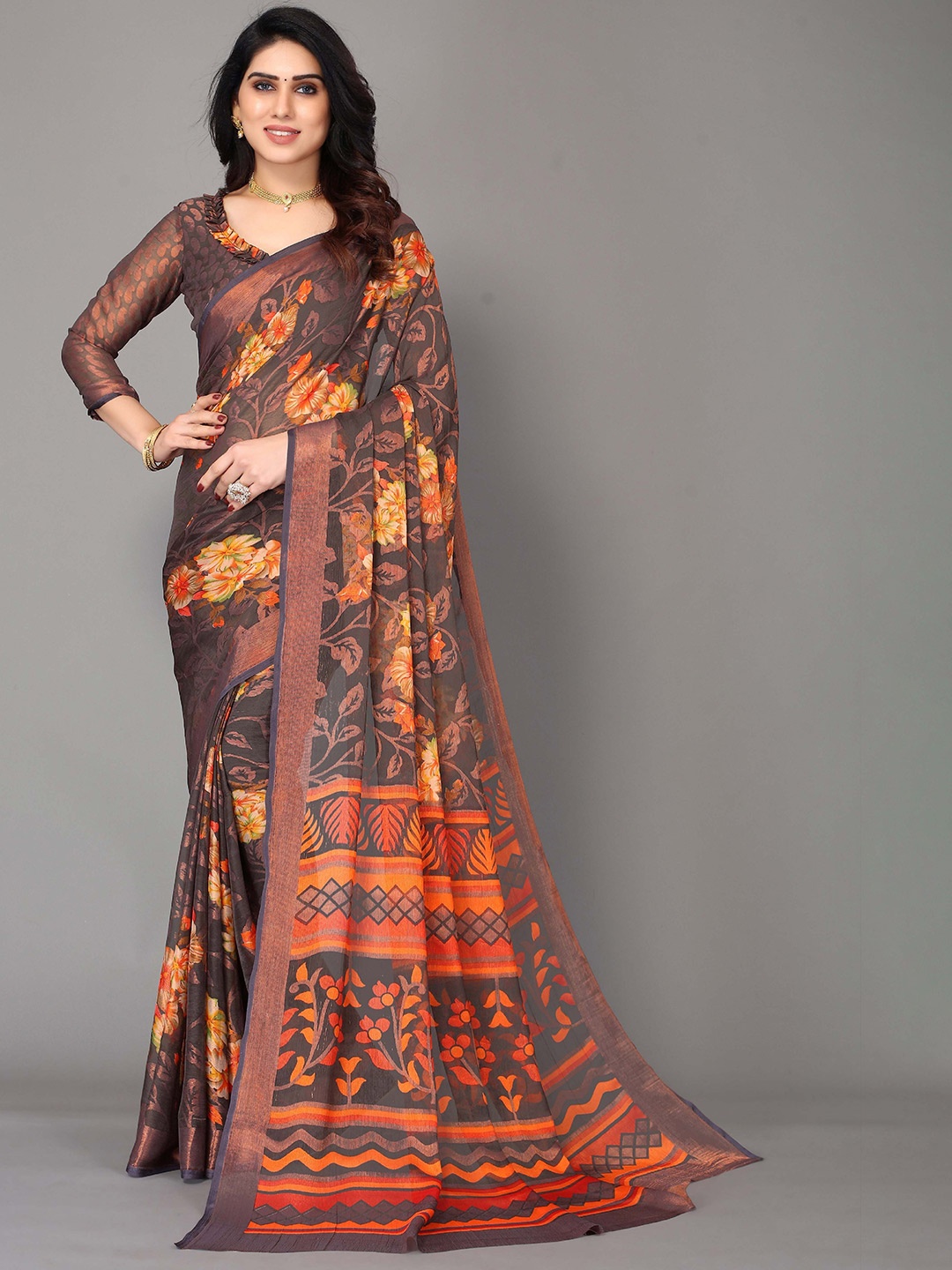 

HALFSAREE STUDIO Floral Printed Zari Saree, Grey