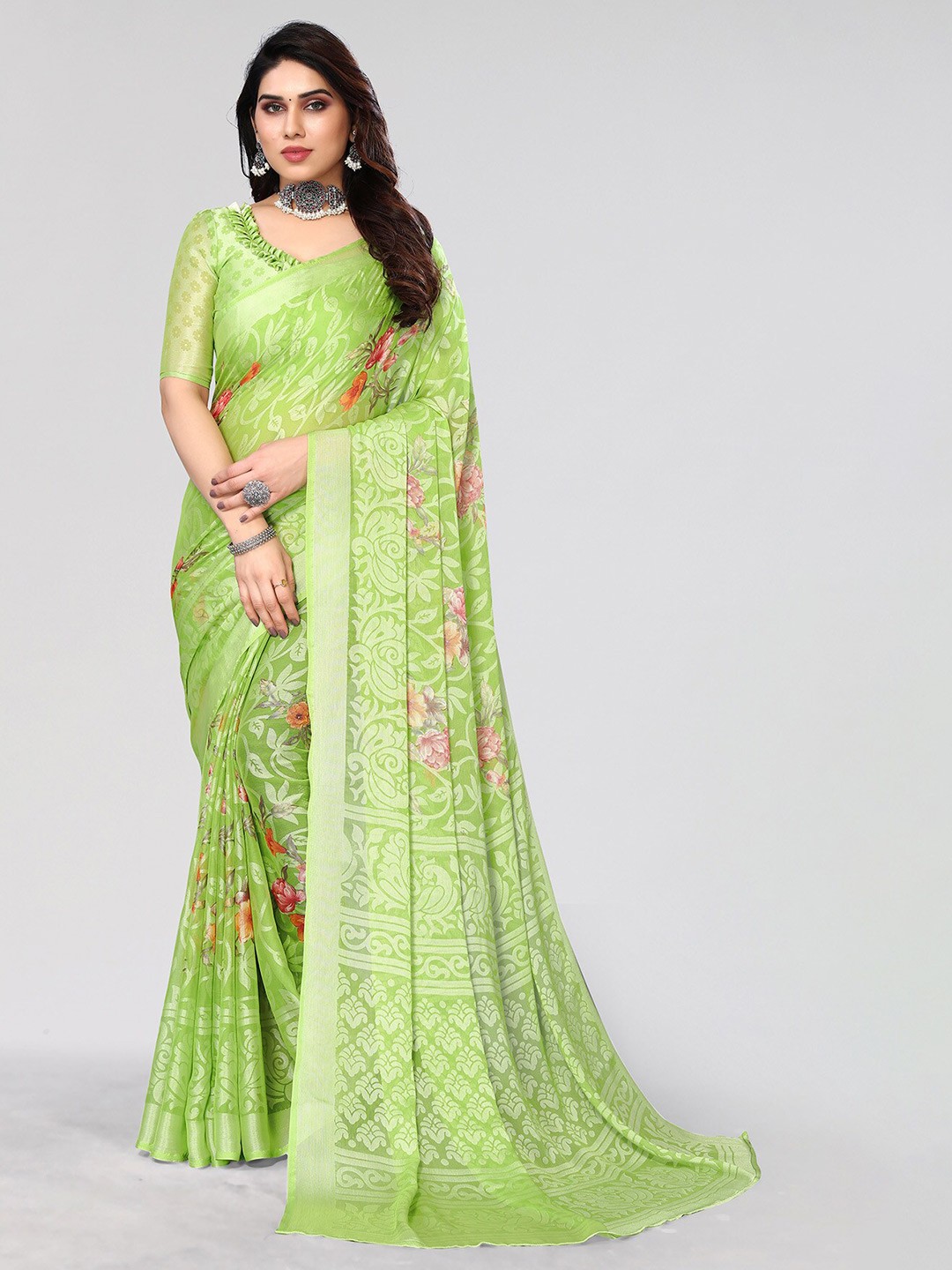 

HALFSAREE STUDIO Floral Zari Printed Saree, Green