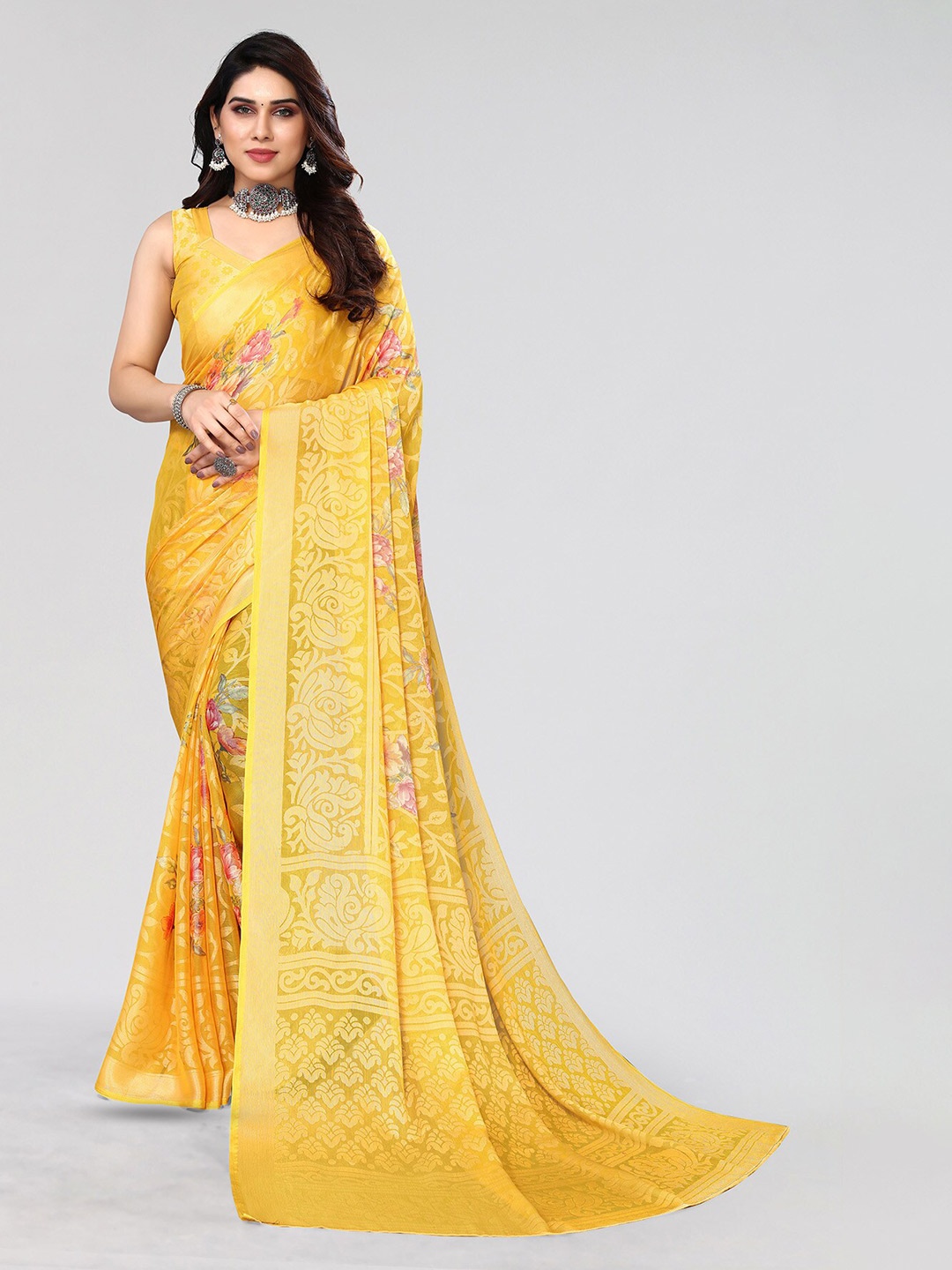 

HALFSAREE STUDIO Floral Printed Zari Saree, Yellow