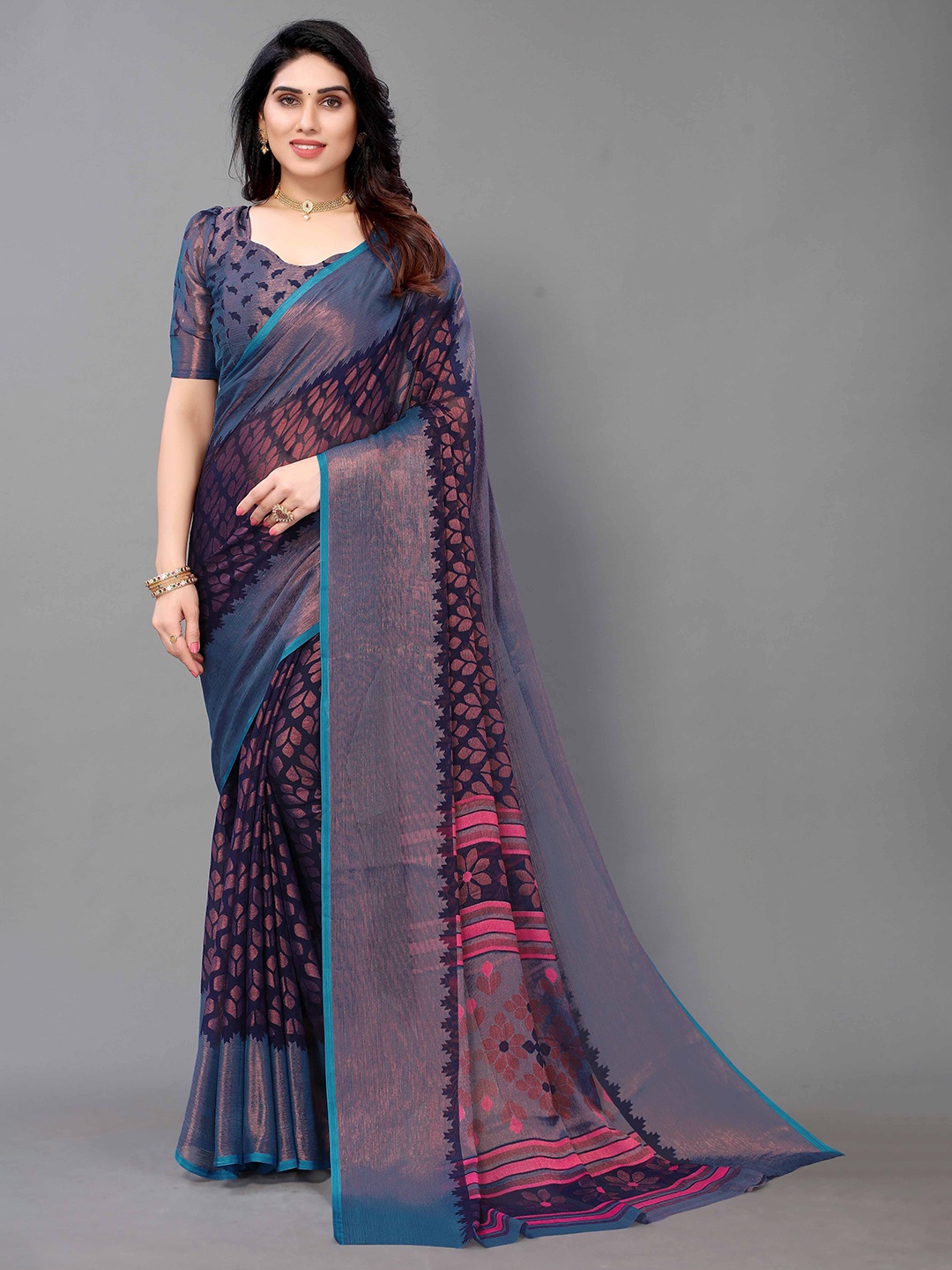 

HALFSAREE STUDIO Floral Zari Printed Saree, Navy blue