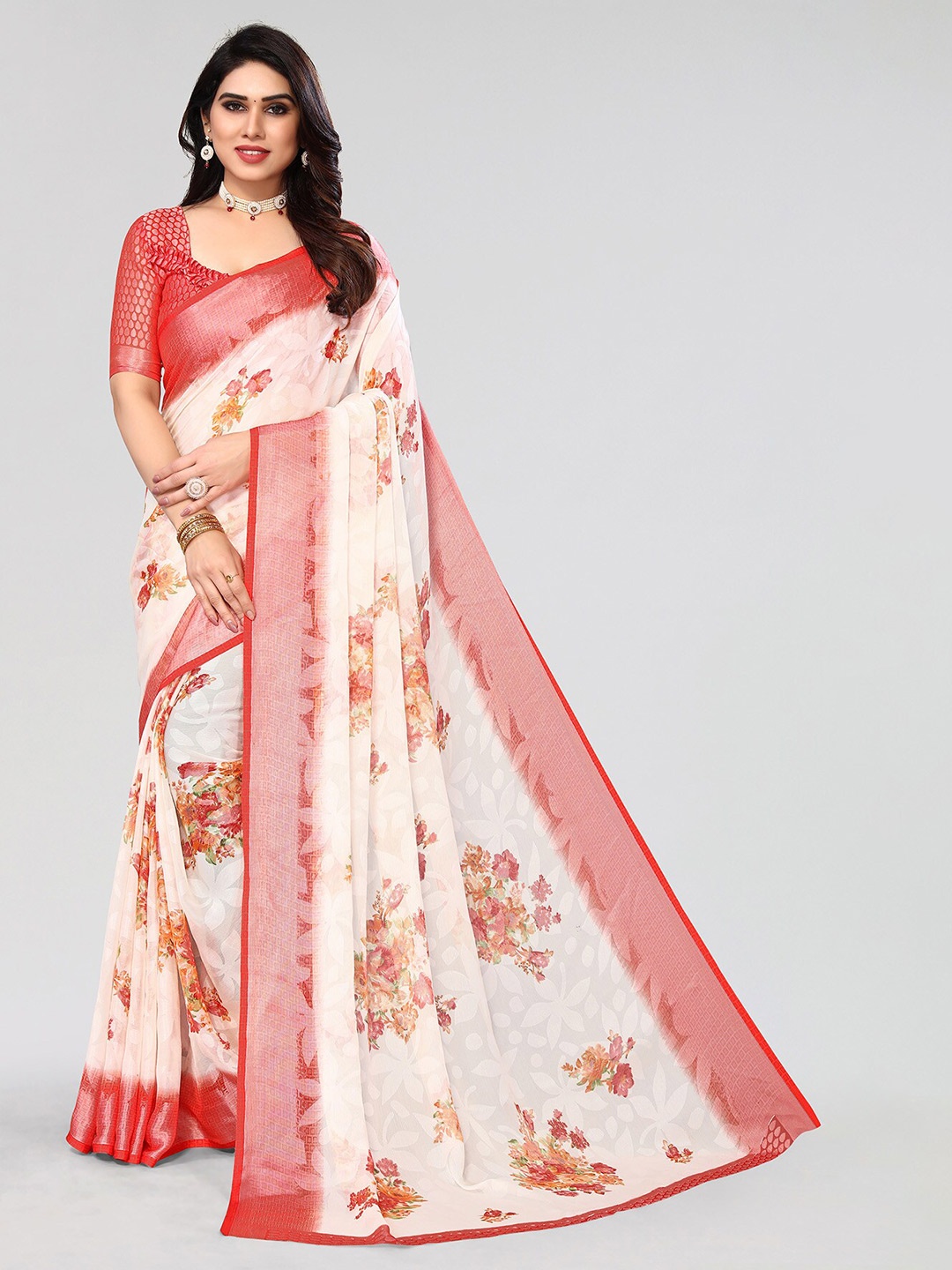 

HALFSAREE STUDIO Floral Zari Printed Saree, Red