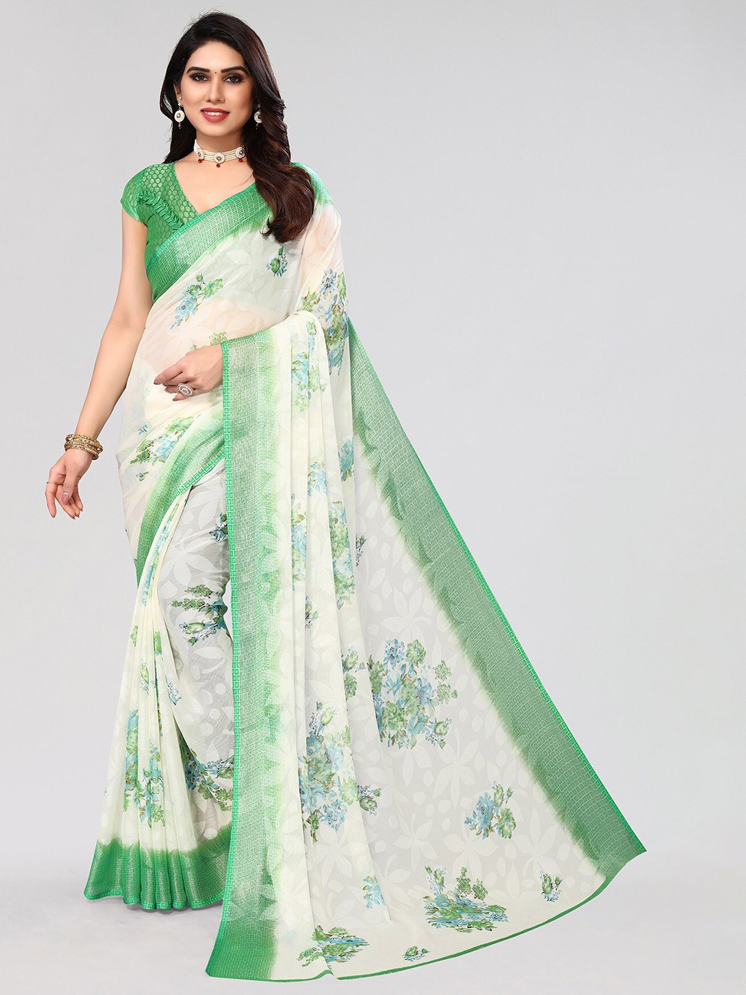 

HALFSAREE STUDIO Floral Printed Zari Saree, Green