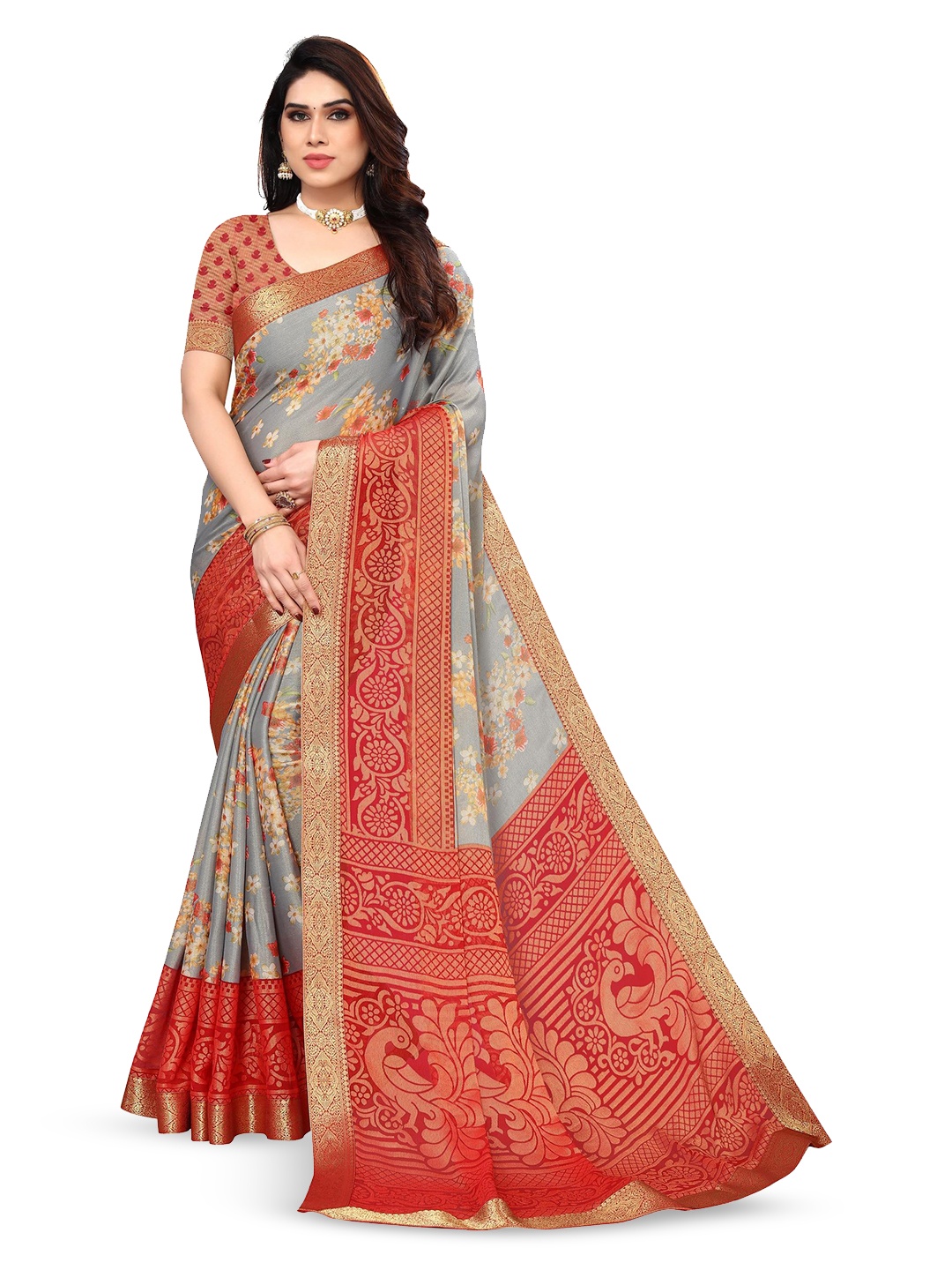 

EMV Floral Printed Chiffon Zari Saree, Grey