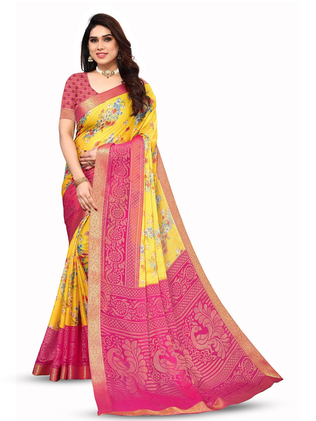 

EMV Floral Printed Zari Saree, Yellow