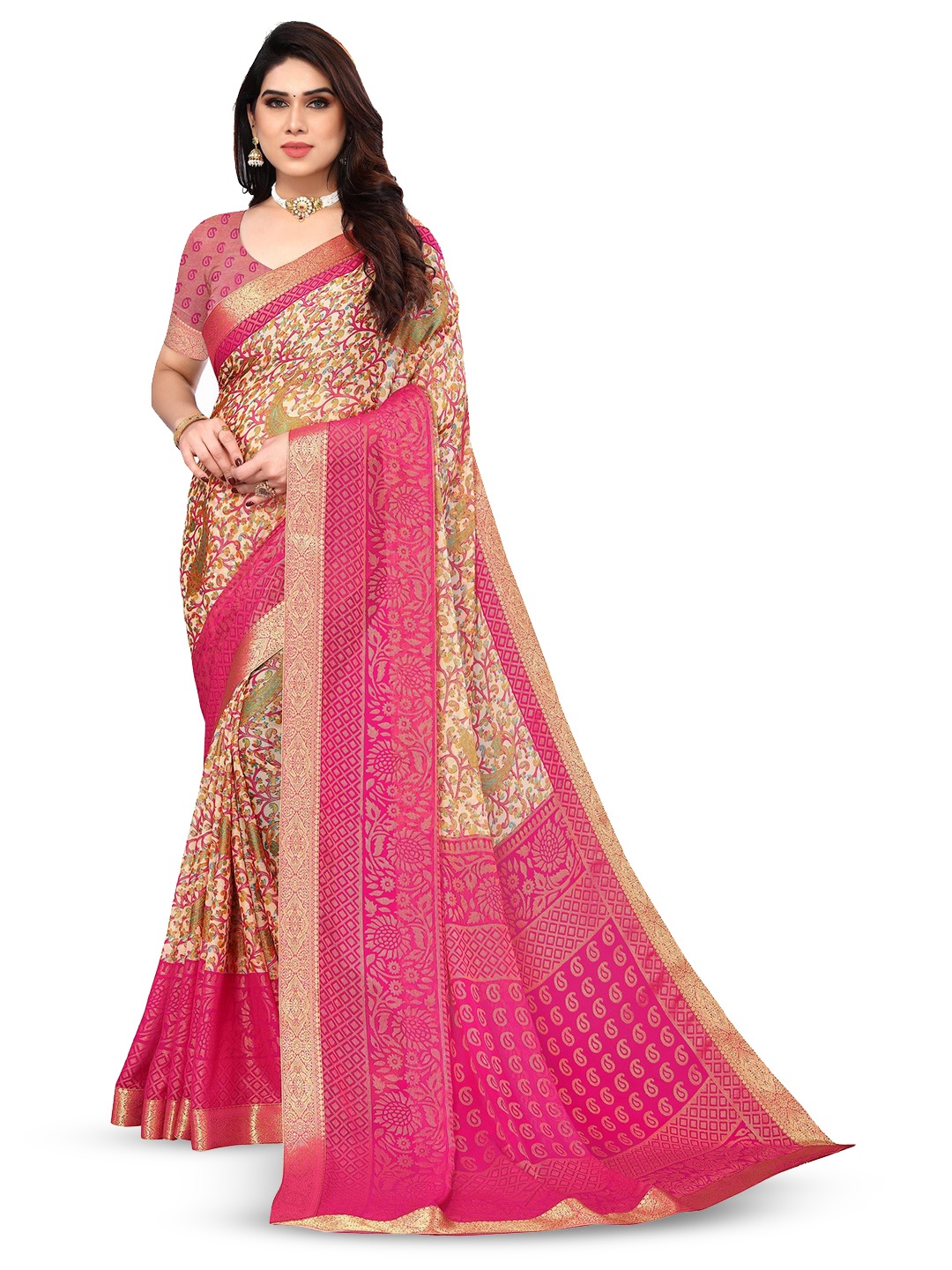 

EMV Floral Printed Chiffon Zari Saree, Pink