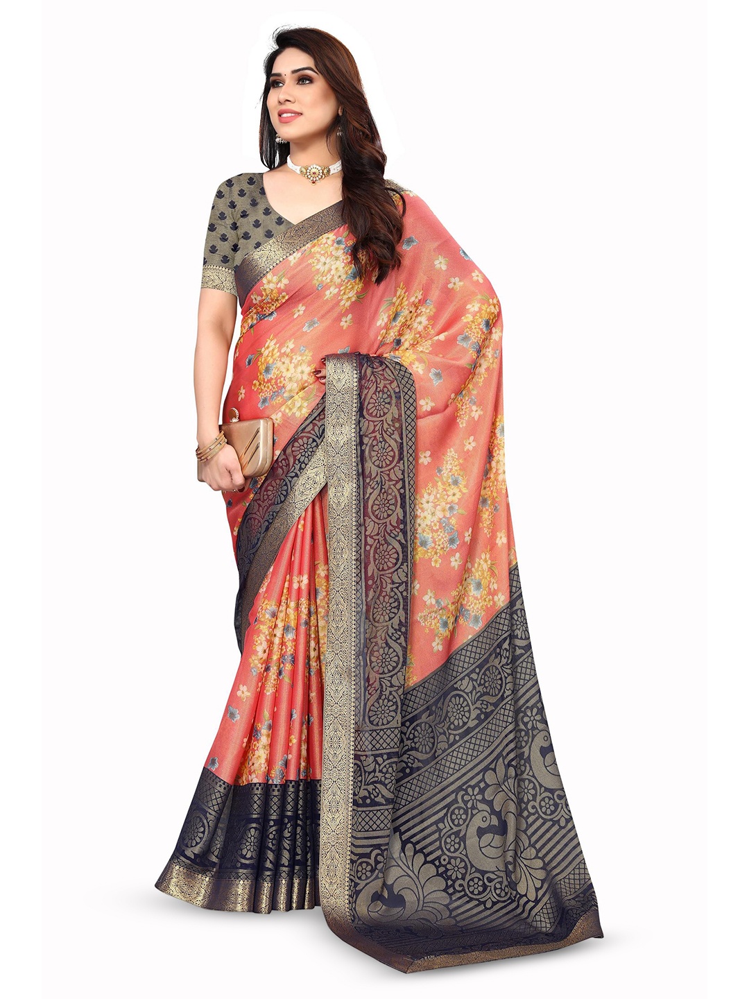 

EMV Floral Printed Zari Chiffon Saree, Peach